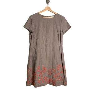 Boden Linen Floral Cap Sleeve Embroidered Mini Shift Dress Tan Grey Size US 10